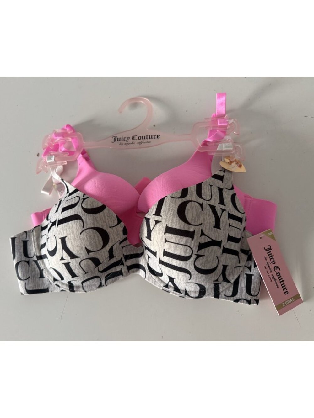 2 Pack Juicy Couture Bra Set Sleek & Smooth Logo Grey Pink JC5149 Sz 34B NEW